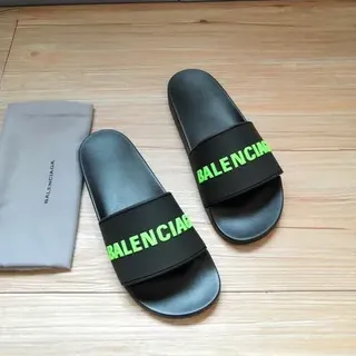 Balenciaga Slide أسود أخضر واسع حزام واحد لوجو بارز نعال