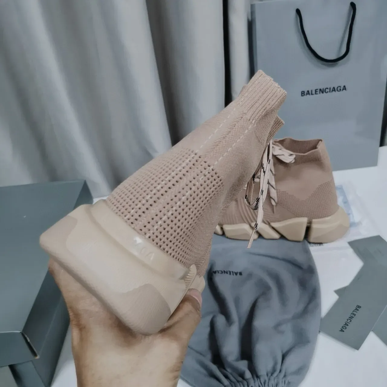 Balenciaga Speed Trainer Beige Knit Sock-Fit Lifestyle Sneakers 4