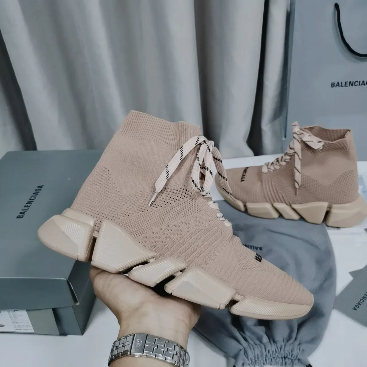 Balenciaga Speed Trainer Beige Knit Sock-Fit Lifestyle Sneakers 9