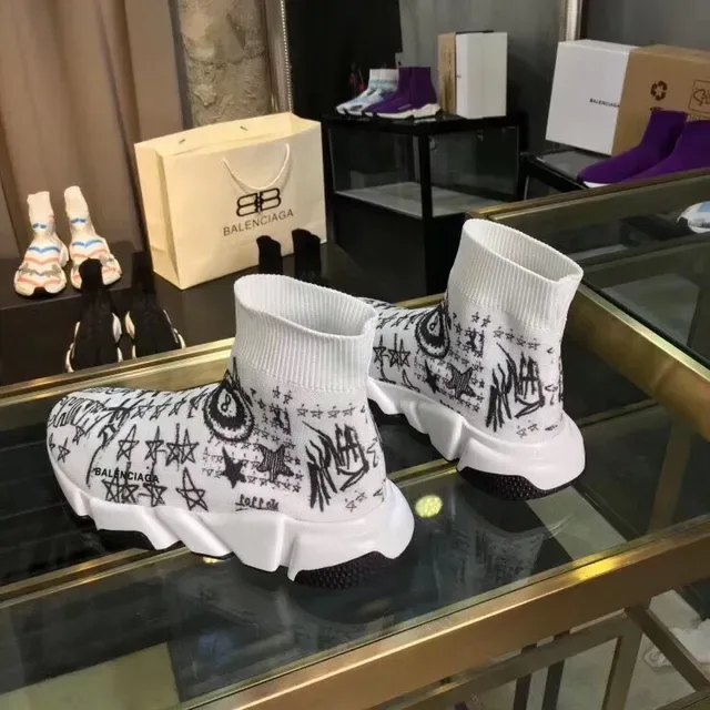 Balenciaga Speed Trainer أحذية رياضية بيضاء Graffiti-Print بدون أحزمة 5