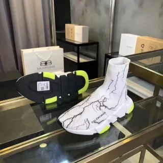 Balenciaga Speed Trainer أبيض وأصفر جوارب الملاءمة المحبوكة الجزء العلوي طباعة رخامية متشققة أحذية رياضية أسلوب حياة