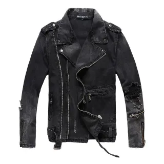 Balmain Black Gray Asymmetrical Zip Distressed Denim Jacket