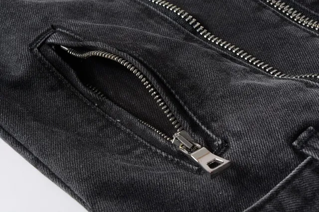 Balmain Black Gray Asymmetrical Zip Distressed Denim Jacket 4