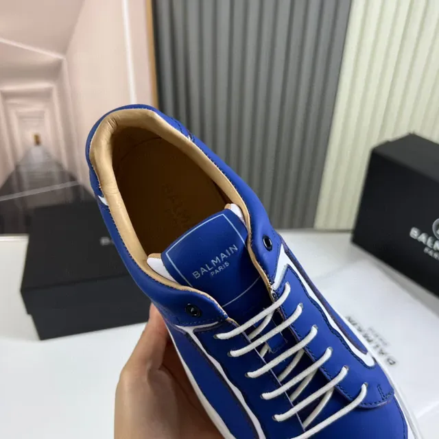 Balmain Blue White Low-Top Leather-Panelled Lifestyle Sneakers 3