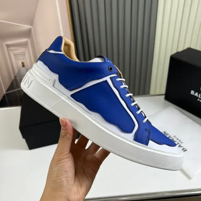 Balmain Blue White Low-Top Leather-Panelled Lifestyle Sneakers 4