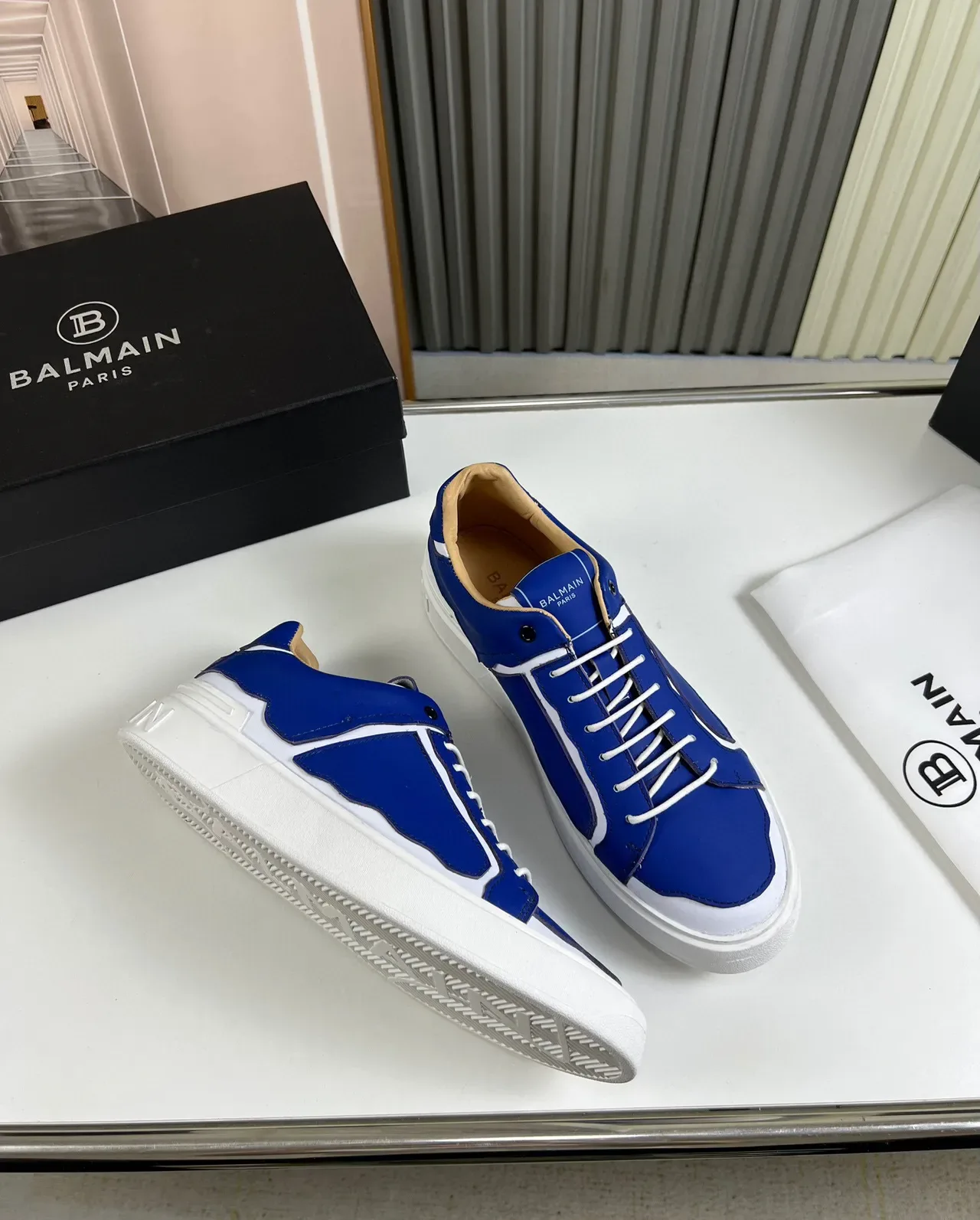 Balmain Blue White Low-Top Leather-Panelled Lifestyle Sneakers 5