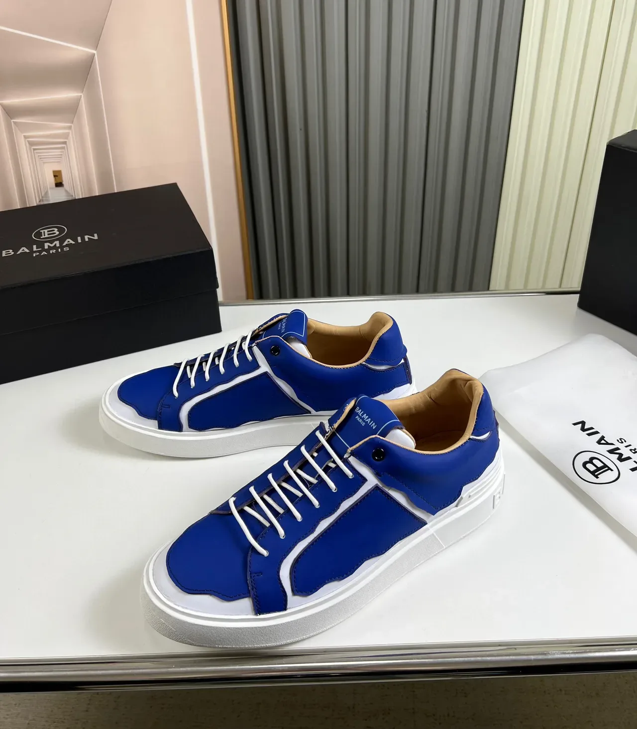 Balmain Blue White Low-Top Leather-Panelled Lifestyle Sneakers 8