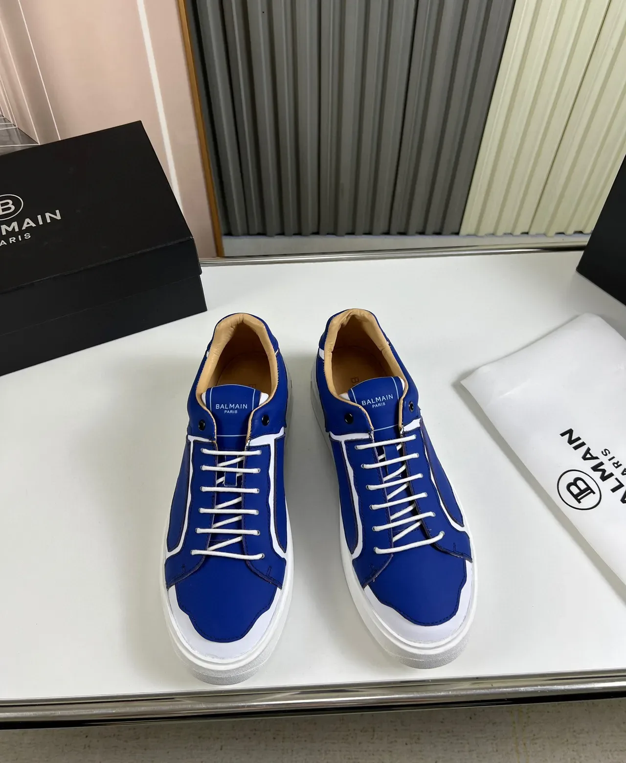 Balmain Blue White Low-Top Leather-Panelled Lifestyle Sneakers 9