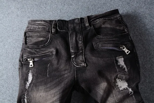 Balmain Distressed Slim-Tapered Charcoal Jeans 14