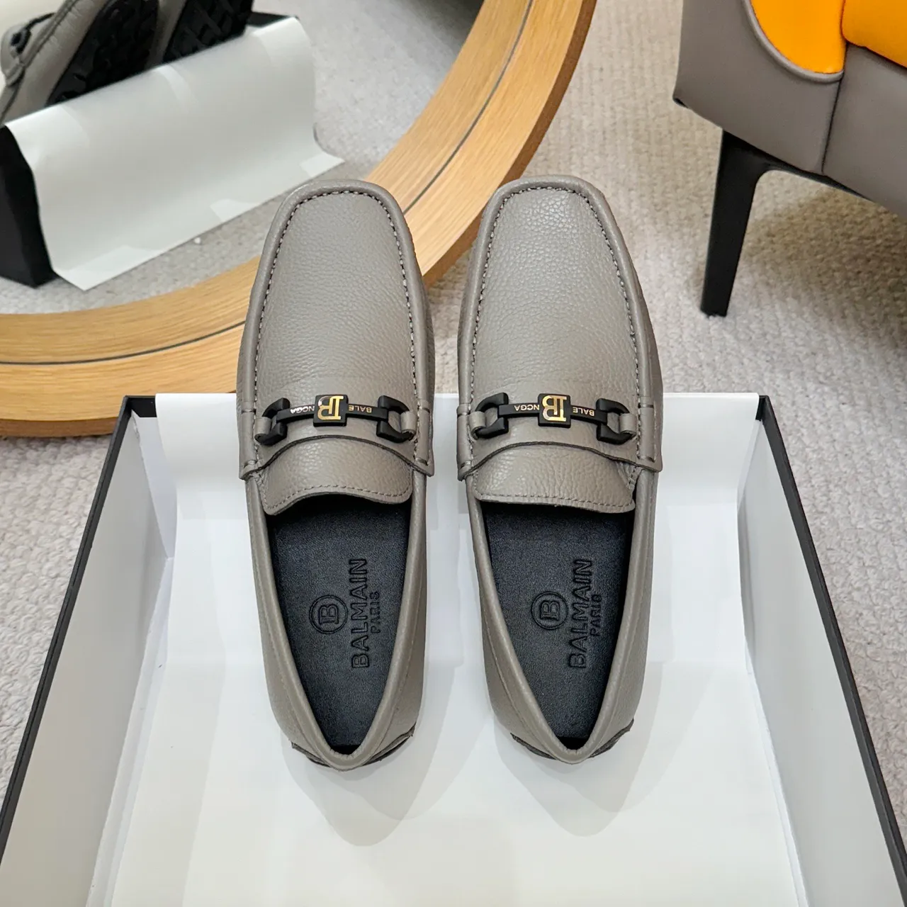 Balmain Gray Black Pebbled Leather Horsebit Buckle Loafer 2
