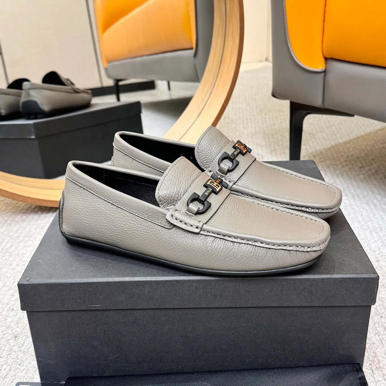 Balmain Gray Black Pebbled Leather Horsebit Buckle Loafer 3