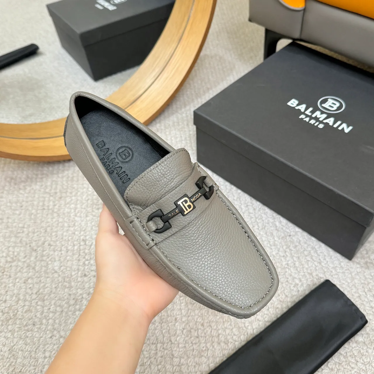 Balmain Gray Black Pebbled Leather Horsebit Buckle Loafer 5