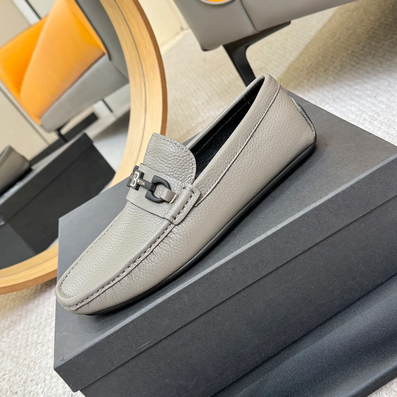 Balmain Gray Black Pebbled Leather Horsebit Buckle Loafer 6
