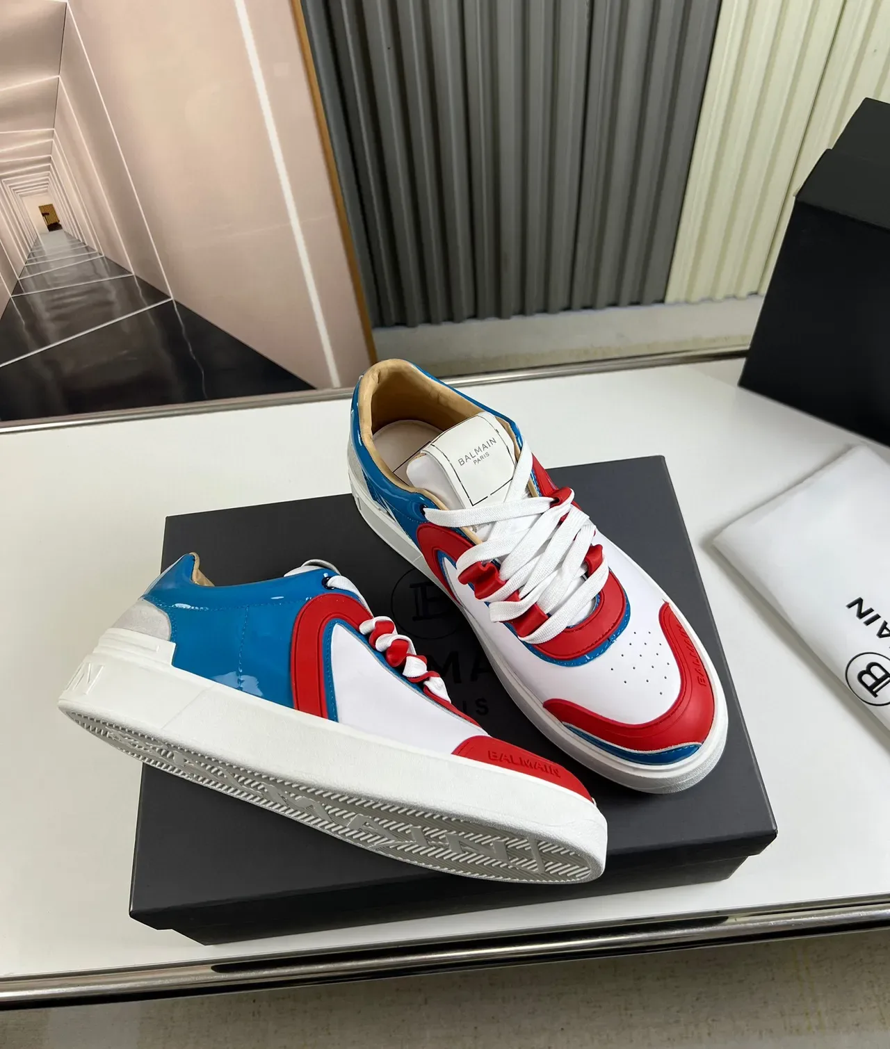 Balmain White Red Color-Blocked Glossy Patent Panels Lifestyle Sneakers 5