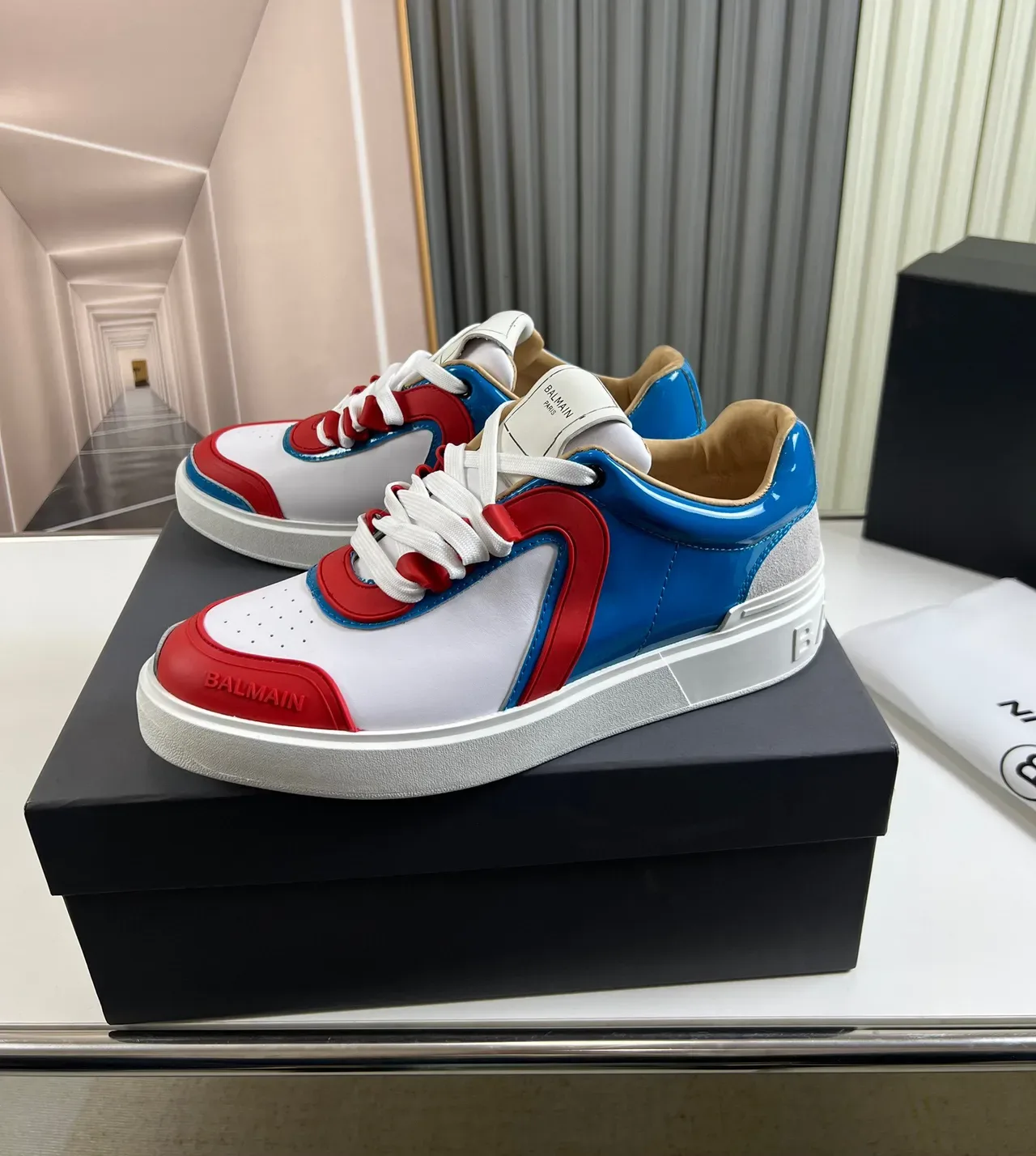 Balmain White Red Color-Blocked Glossy Patent Panels Lifestyle Sneakers 8