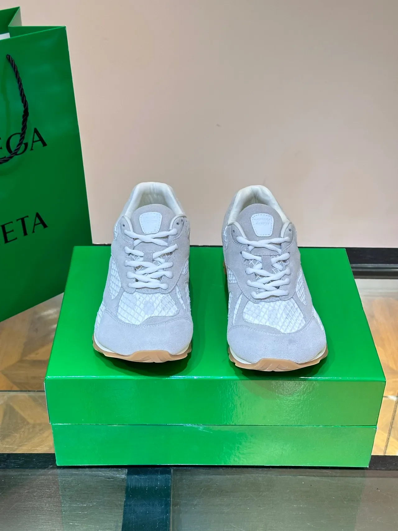 Bottega Veneta Gray White Suede Upper Intrecciato Quilted Panels Lifestyle Sneakers 2