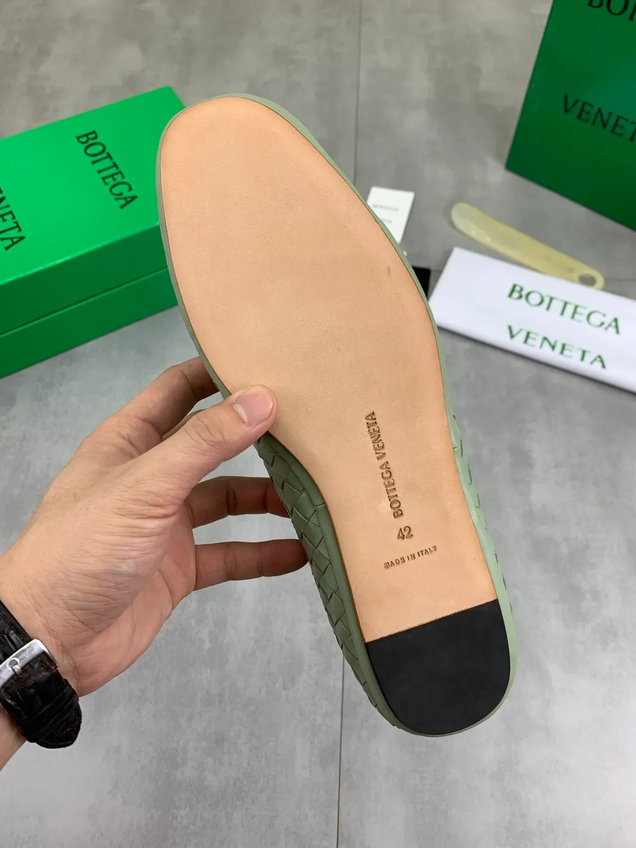 Bottega Veneta Green Beige Woven Intrecciato Leather Slip-On Loafer 4
