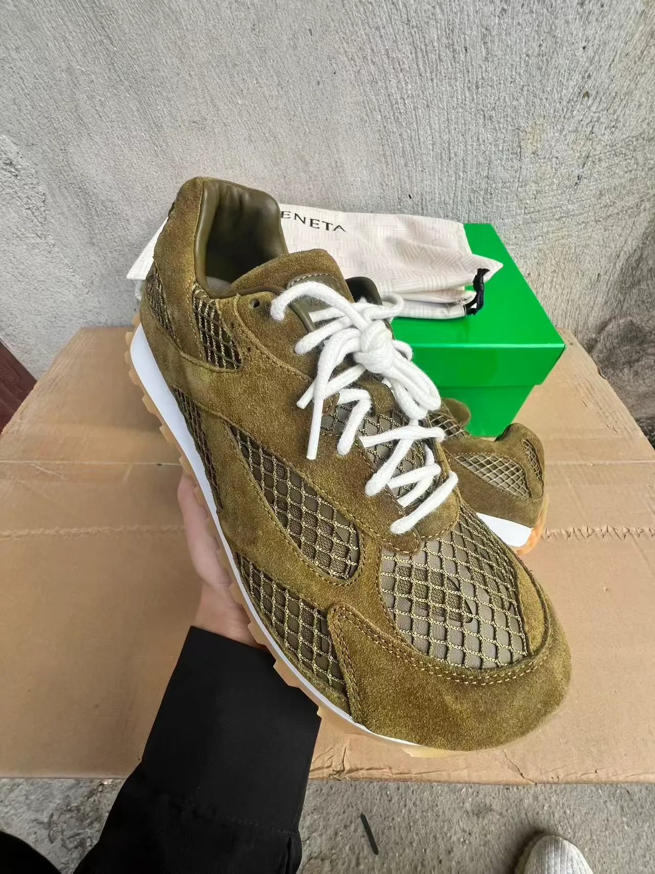Bottega Veneta Olive Green Suede Mesh Overlay Lifestyle Sneakers 2