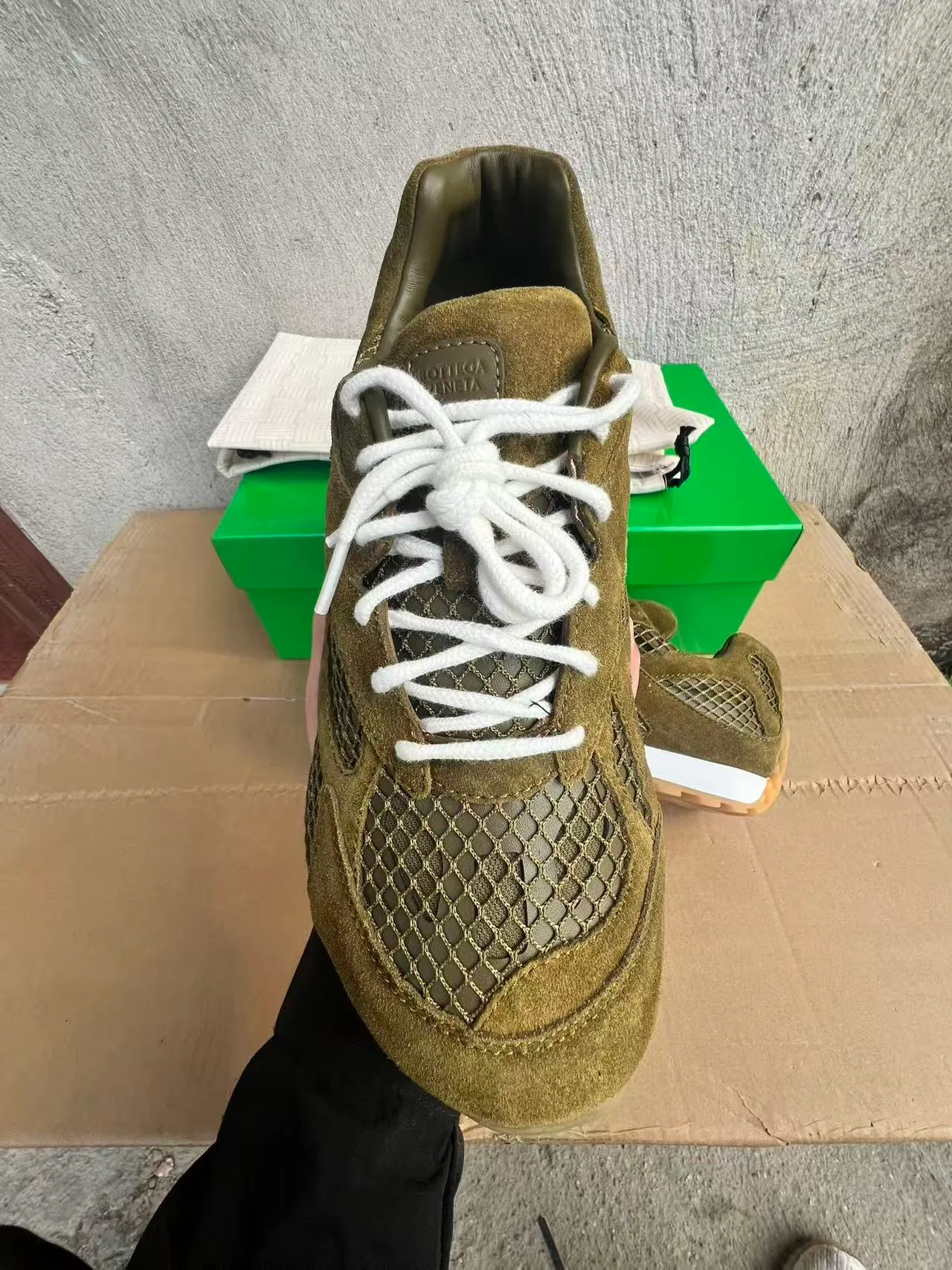 Bottega Veneta Olive Green Suede Mesh Overlay Lifestyle Sneakers 3