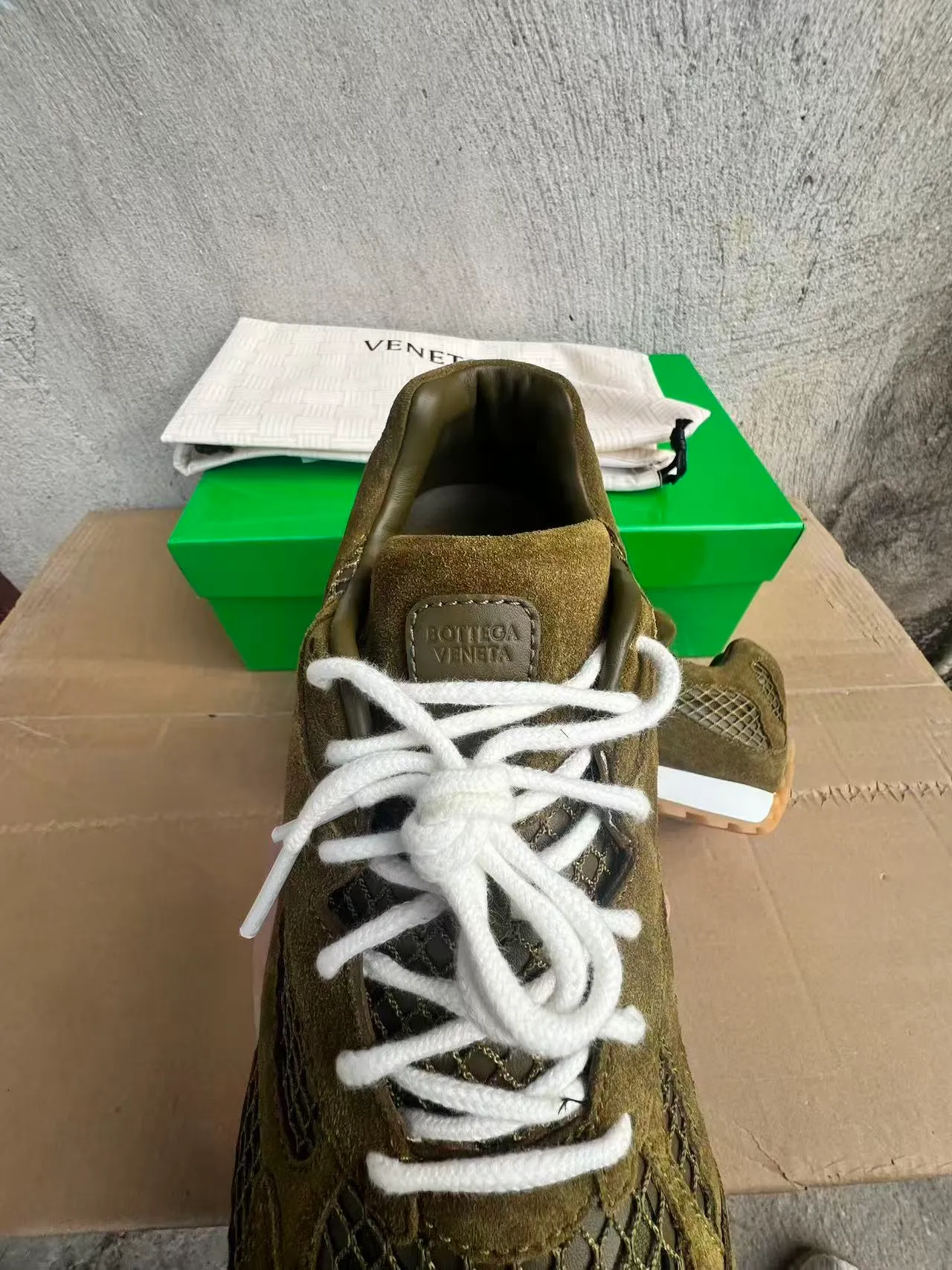 Bottega Veneta Olive Green Suede Mesh Overlay Lifestyle Sneakers 4