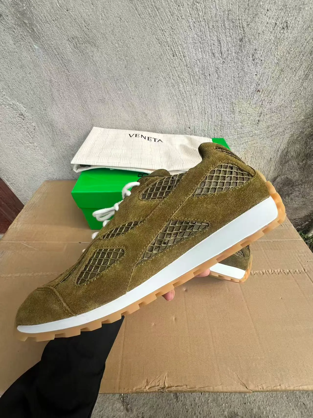 Bottega Veneta Olive Green Suede Mesh Overlay Lifestyle Sneakers 5