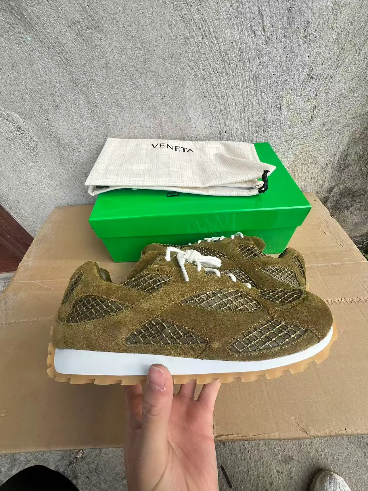 Bottega Veneta Olive Green Suede Mesh Overlay Lifestyle Sneakers 7