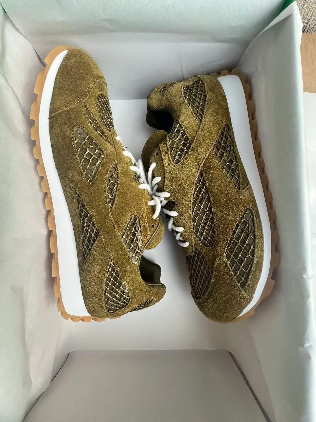 Bottega Veneta Olive Green Suede Mesh Overlay Lifestyle Sneakers 10
