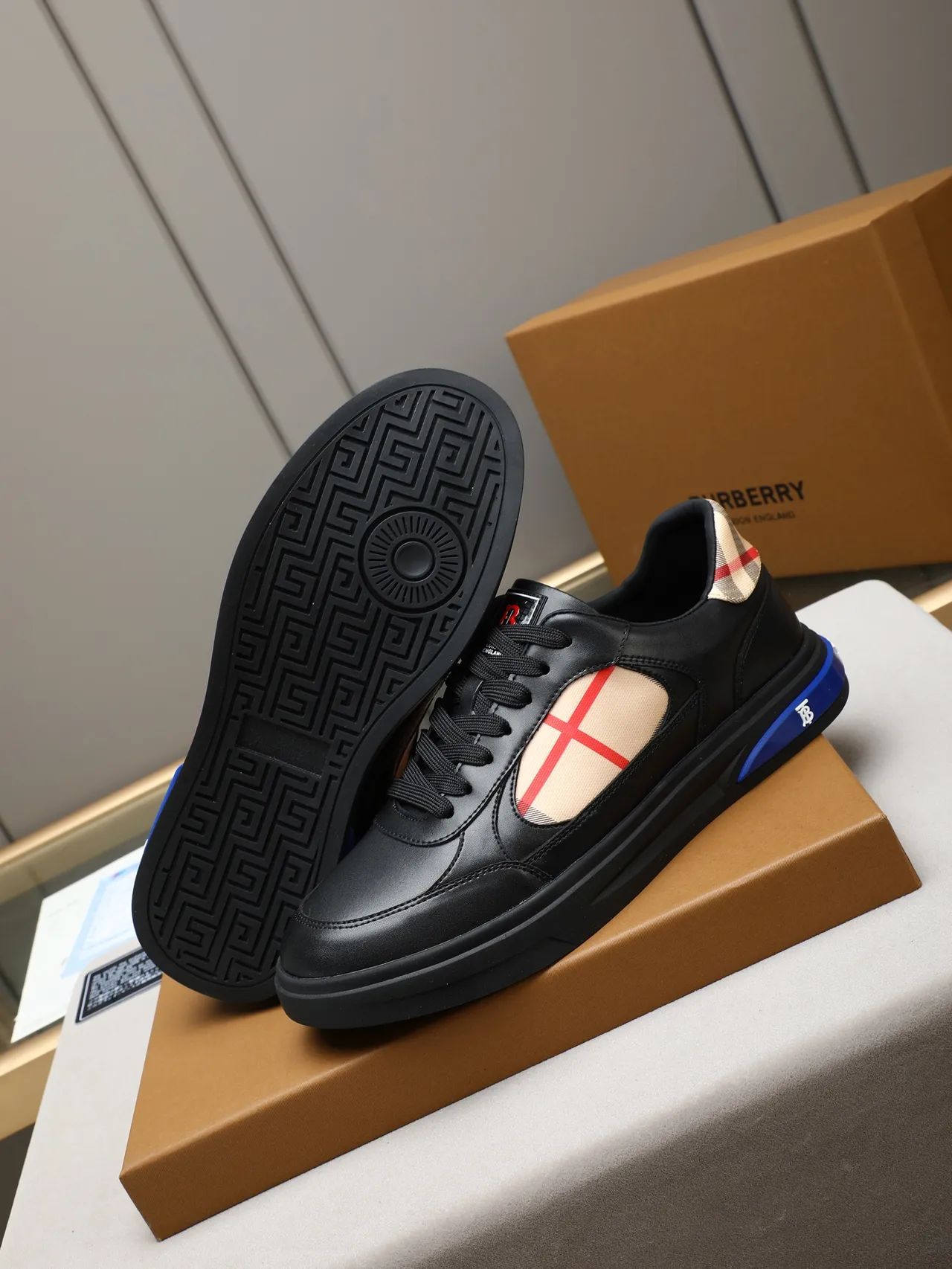 Burberry Preto Azul Couro Superior Painel de Casa Check Estilo Sneakers Lifestyle 4