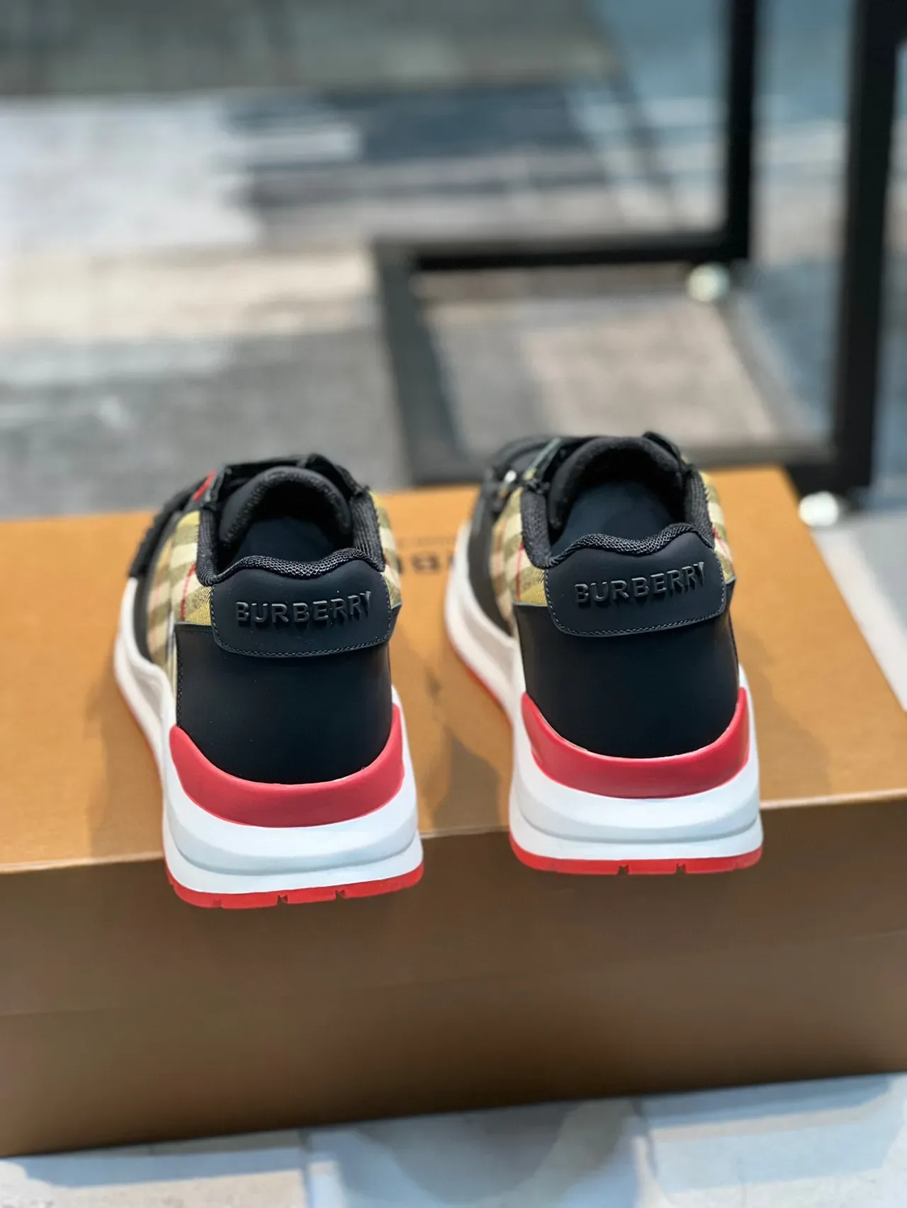 Burberry Black Red Low-Top Check-Panel Accent Chunky Sneakers 2