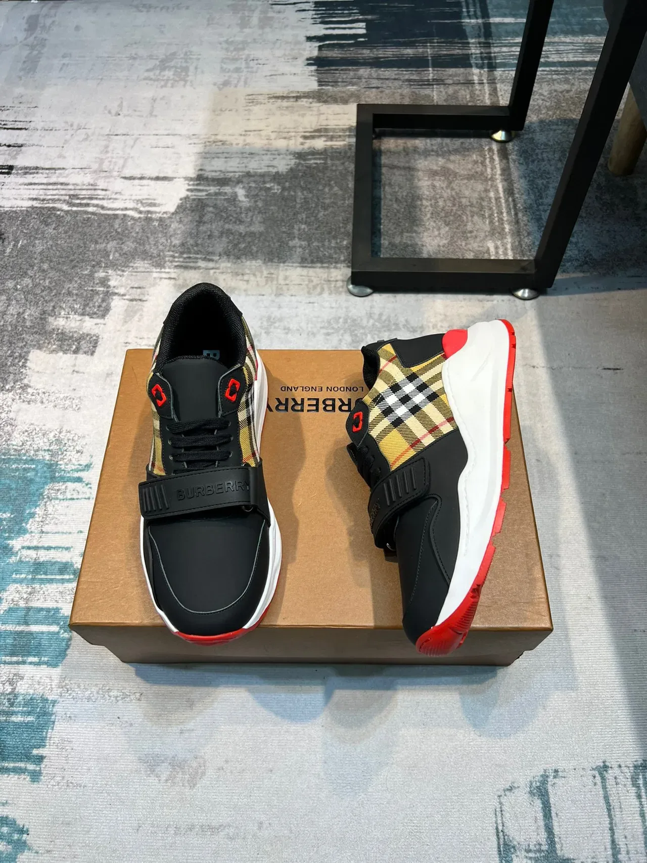 Burberry Black Red Low-Top Check-Panel Accent Chunky Sneakers 4