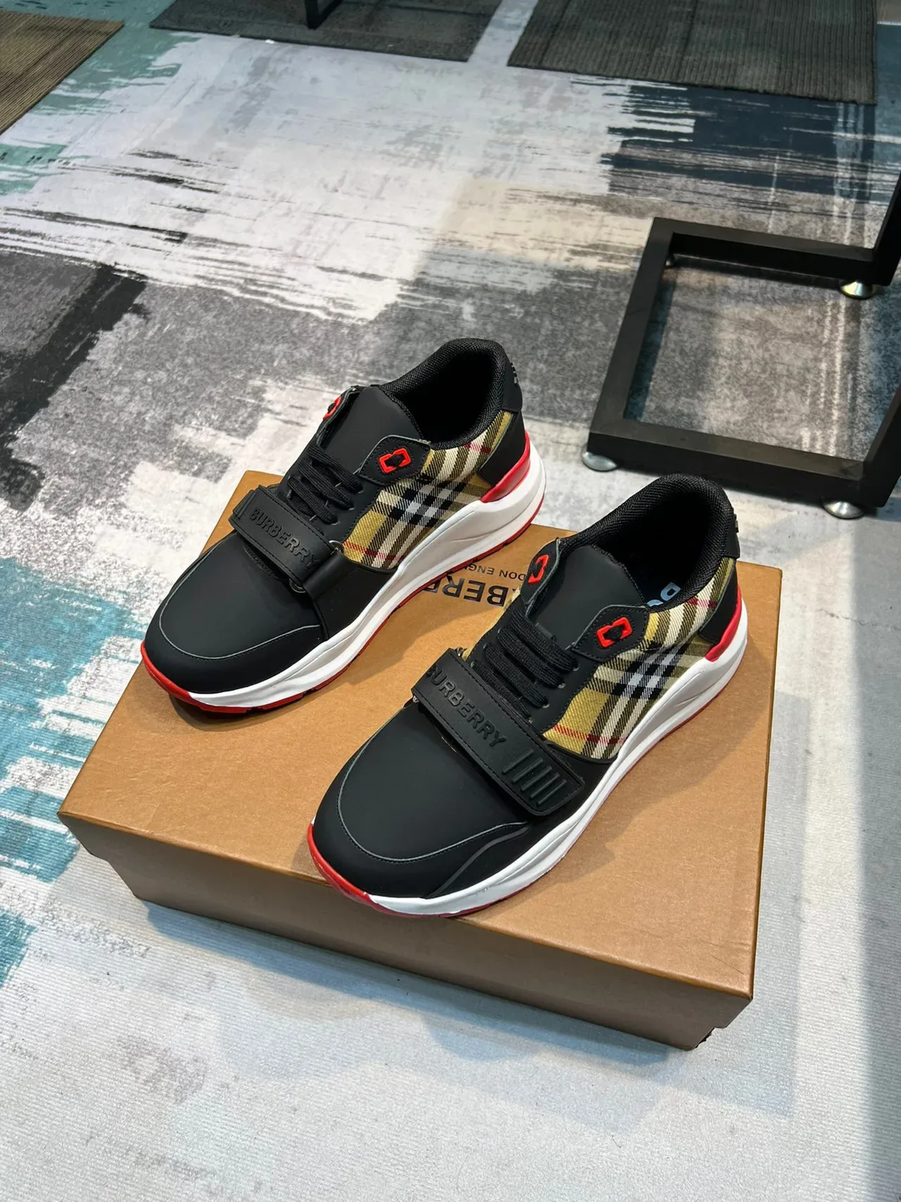 Burberry Black Red Low-Top Check-Panel Accent Chunky Sneakers 5