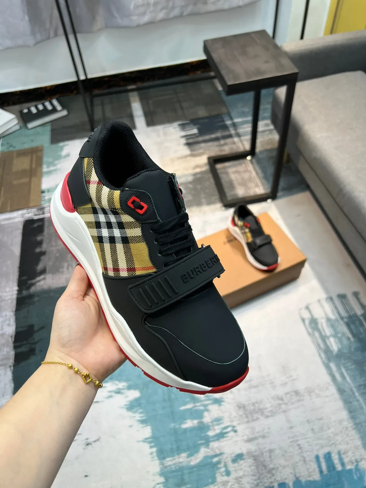 Burberry Black Red Low-Top Check-Panel Accent Chunky Sneakers 6