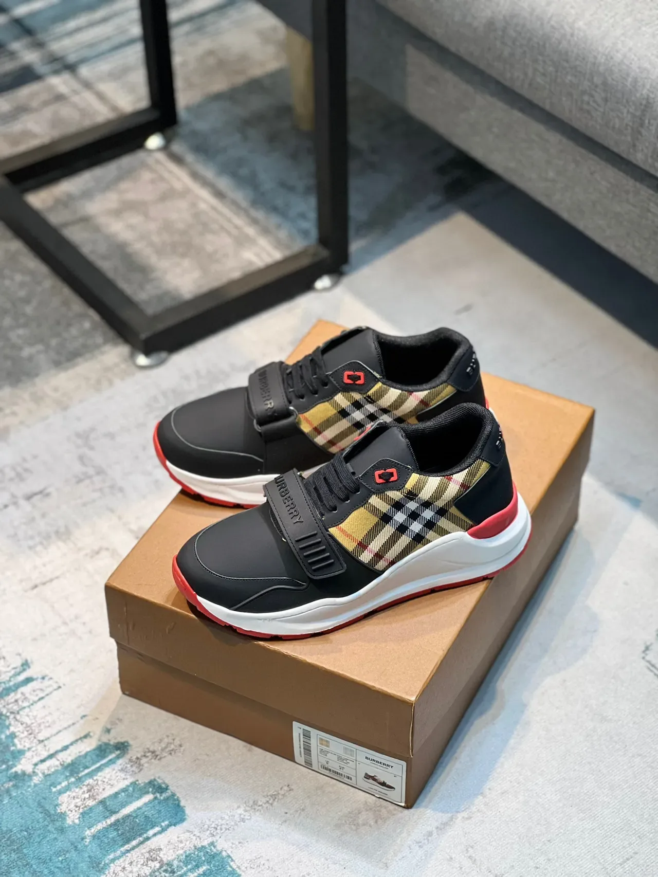 Burberry Black Red Low-Top Check-Panel Accent Chunky Sneakers 7