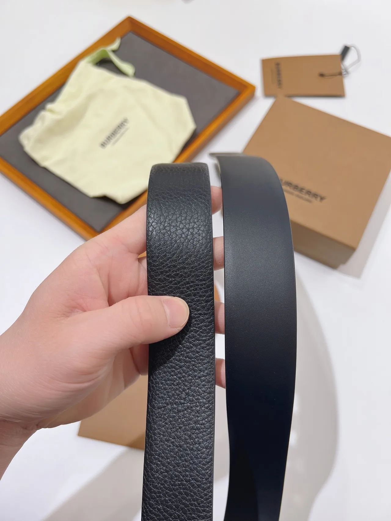 Burberry Black Silver Pebbled Rectangular Buckle Leather Belt 5