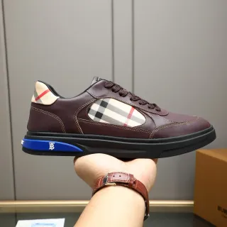 Burberry Brown Beige Leather Upper Check-Pattern Panel Lifestyle Sneakers