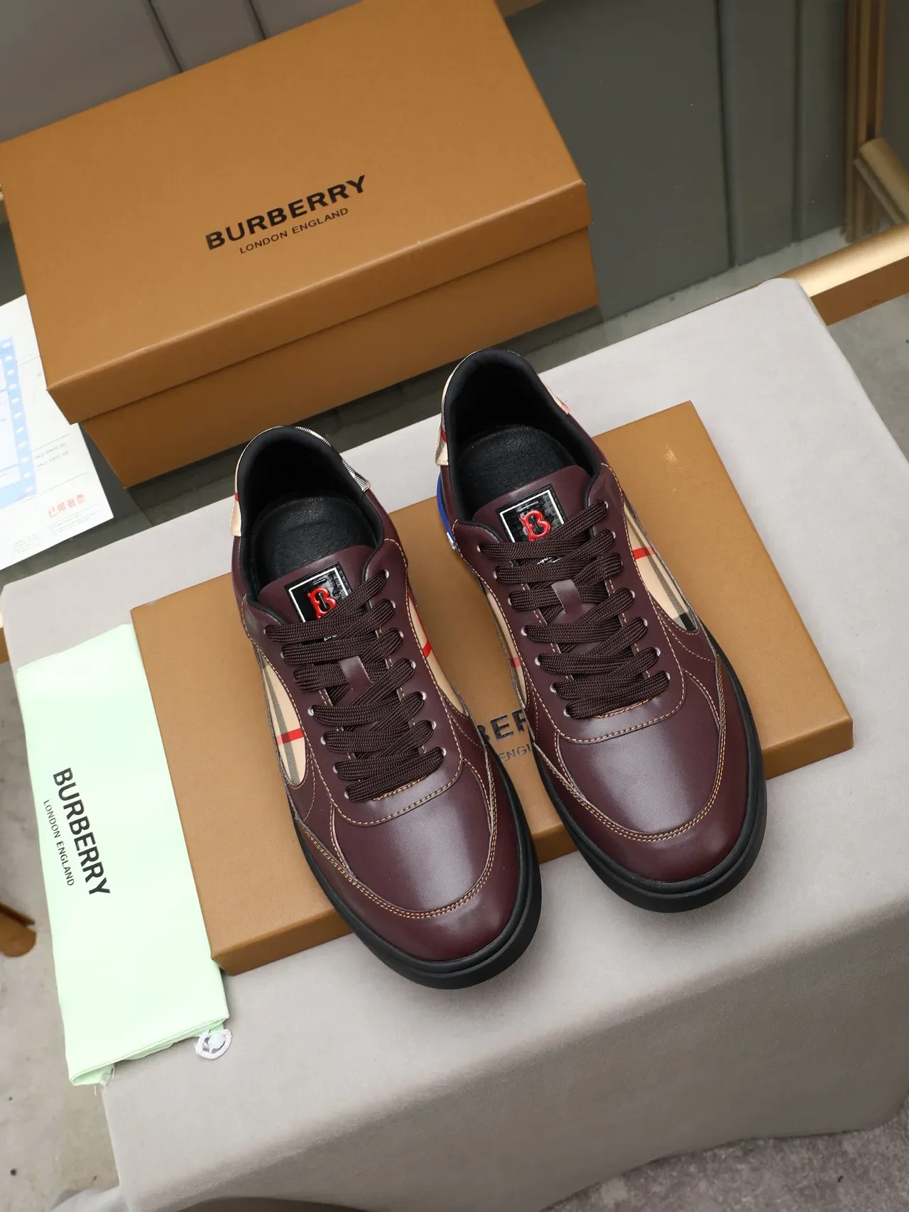 Burberry Brown Beige Leather Upper Check-Pattern Panel Lifestyle Sneakers 3