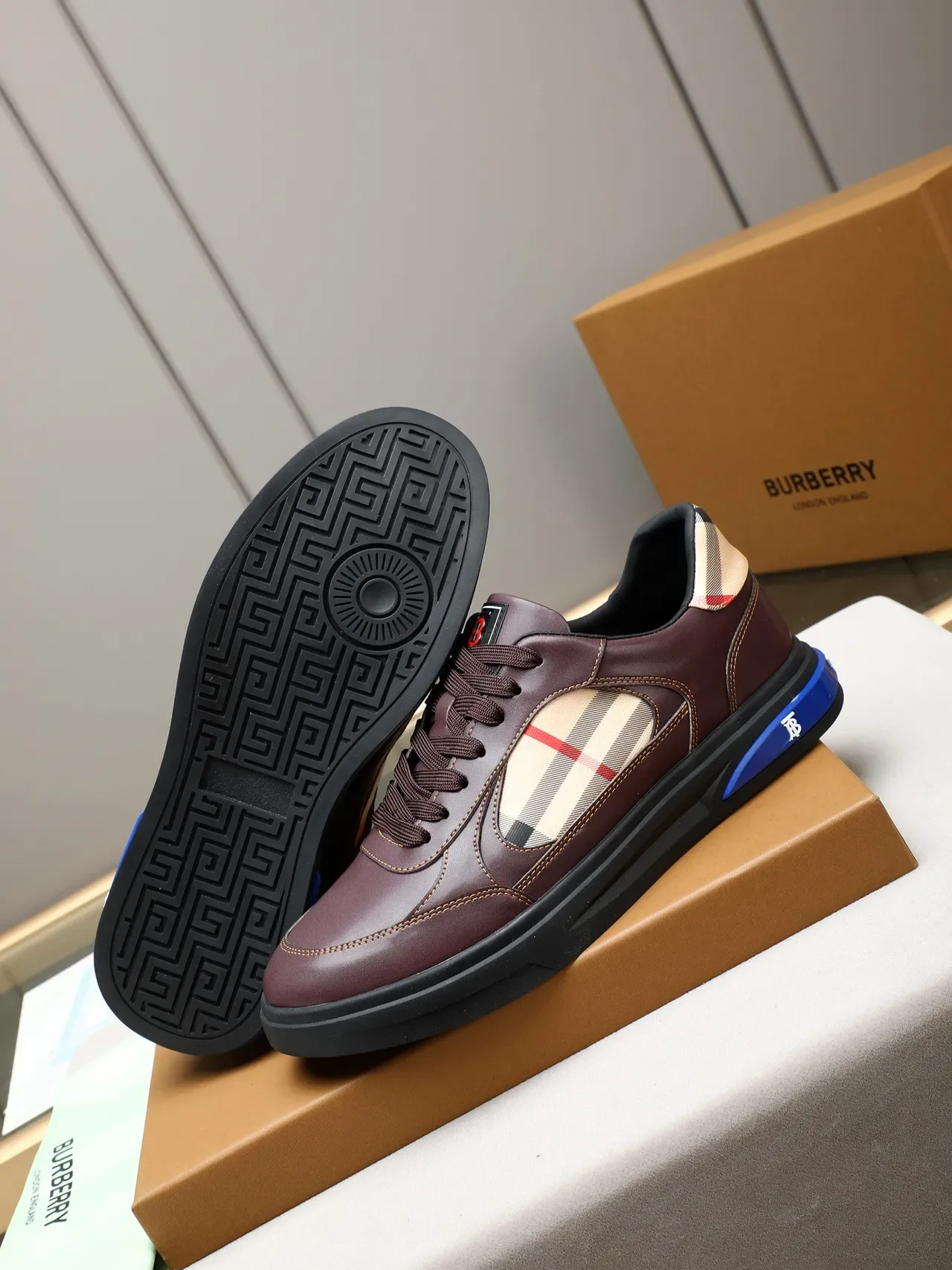 Burberry Brown Beige Leather Upper Check-Pattern Panel Lifestyle Sneakers 5