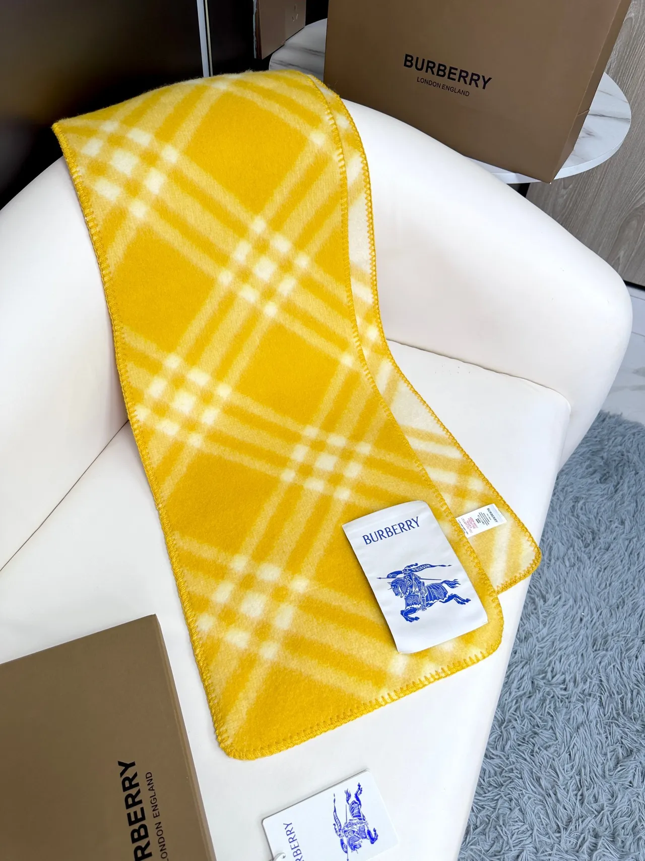 Burberry Check Pattern Yellow Cashmere Scarf 5