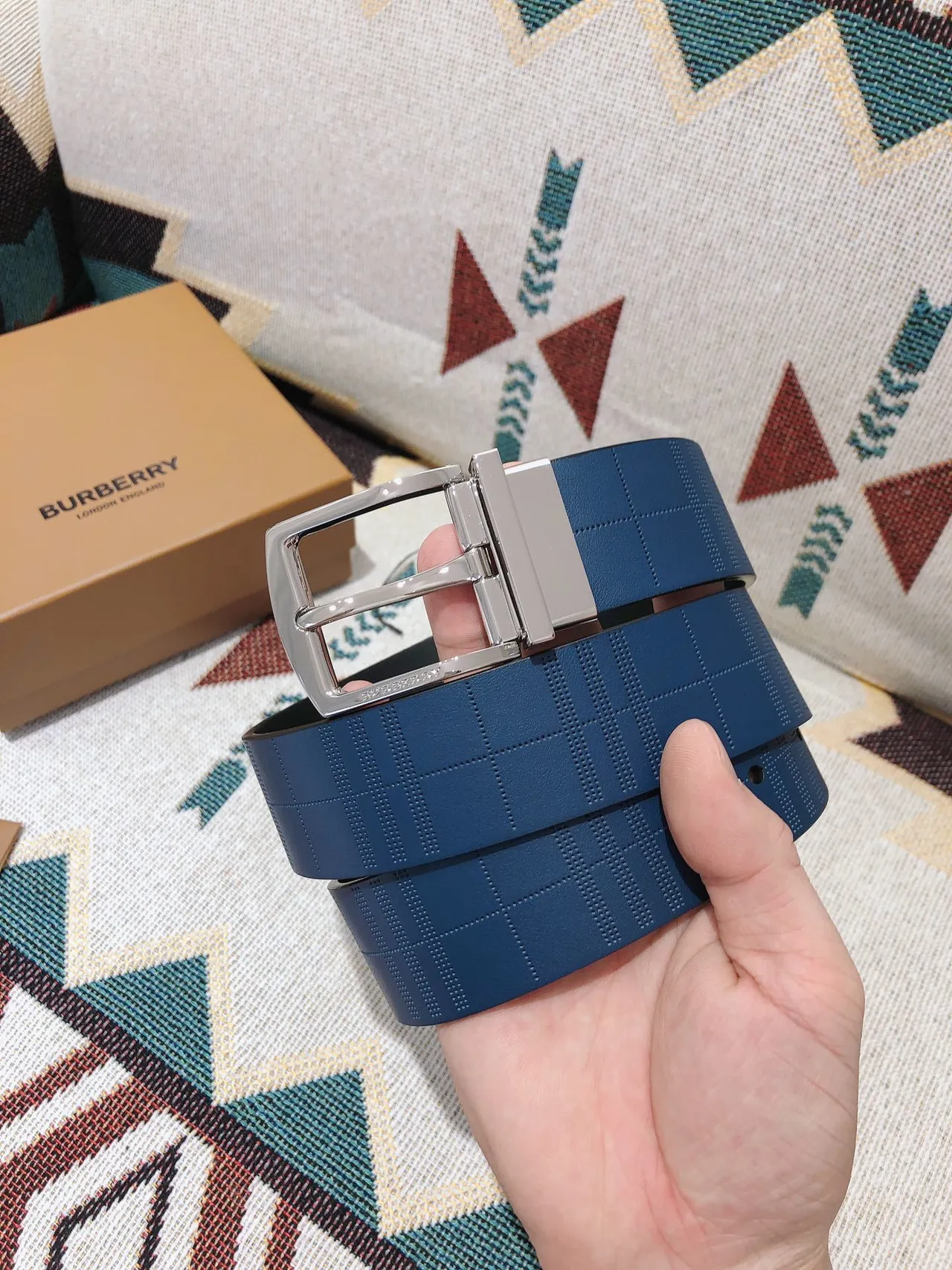 Burberry Knight Blue Embossed Check Leather Belt 2