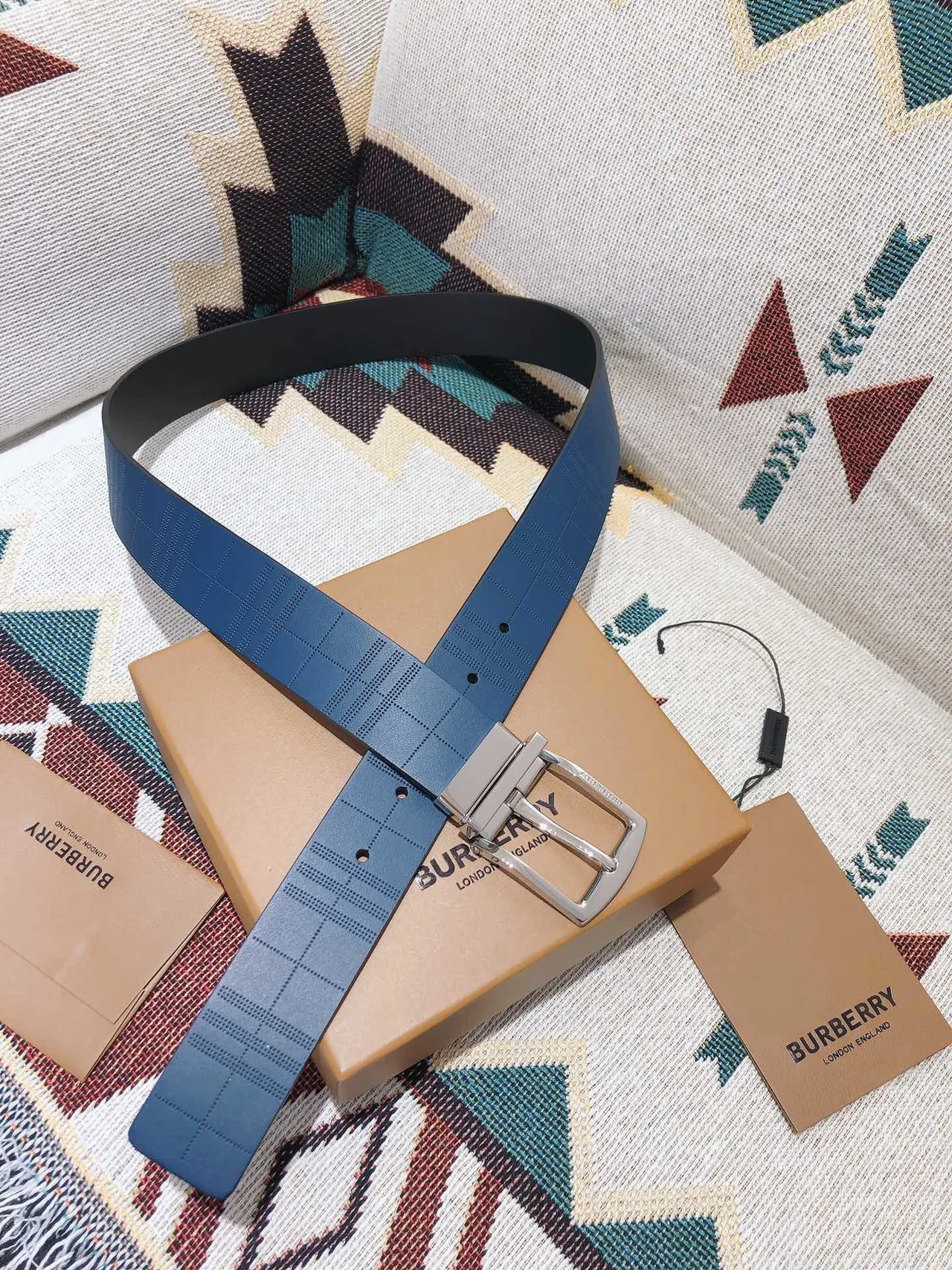 Burberry Knight Blue Embossed Check Leather Belt 3