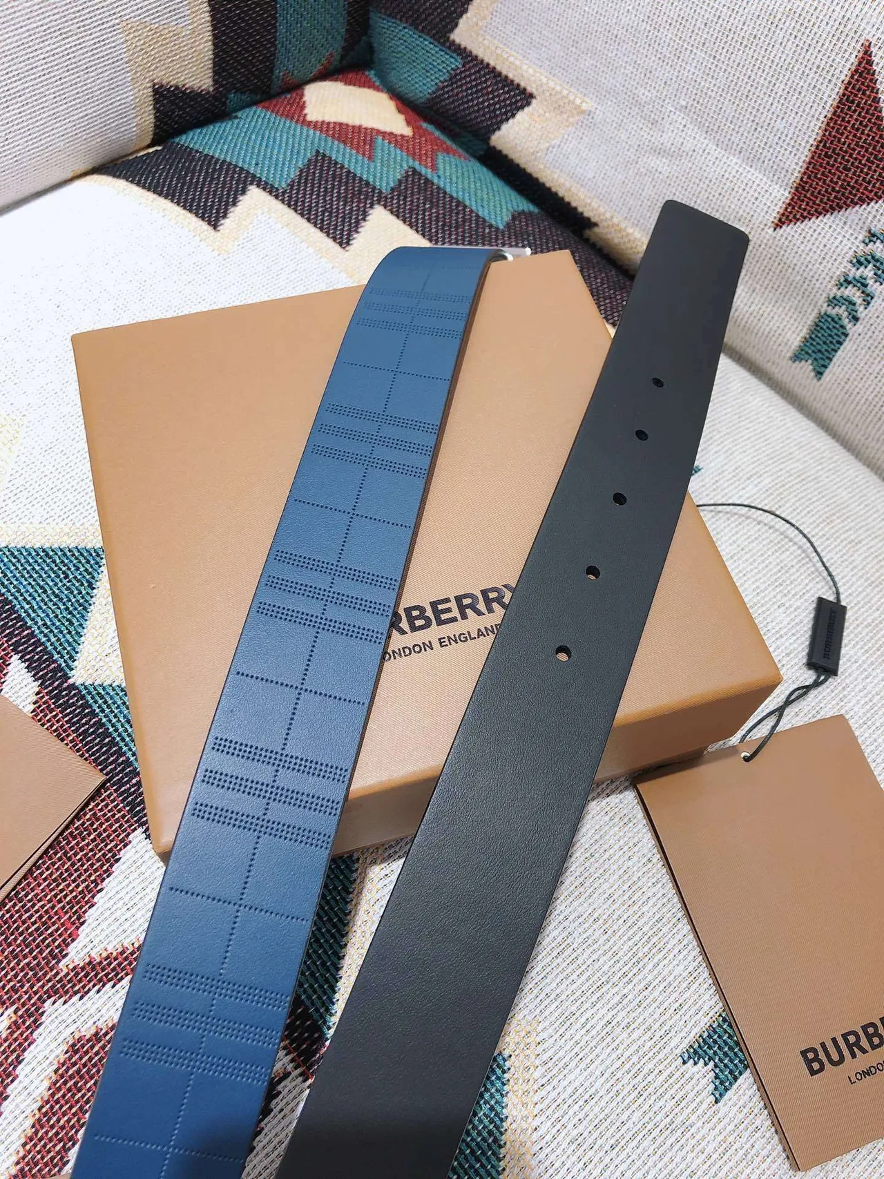 Burberry Knight Blue Embossed Check Leather Belt 4