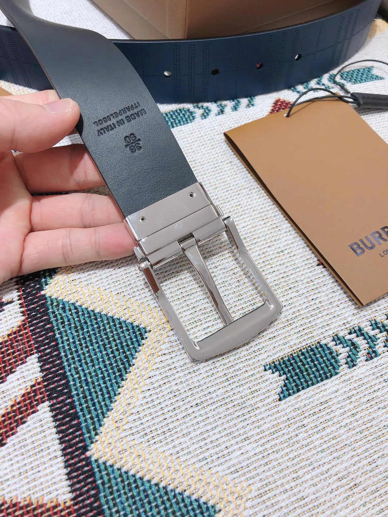 Burberry Knight Blue Embossed Check Leather Belt 5
