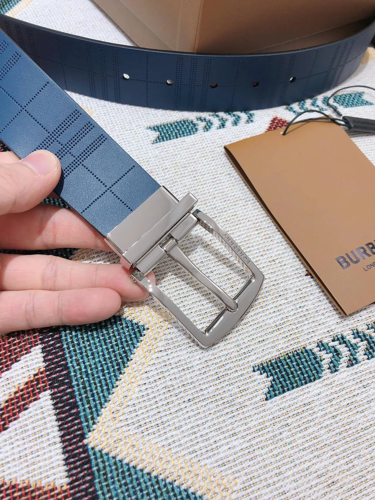 Burberry Knight Blue Embossed Check Leather Belt 6
