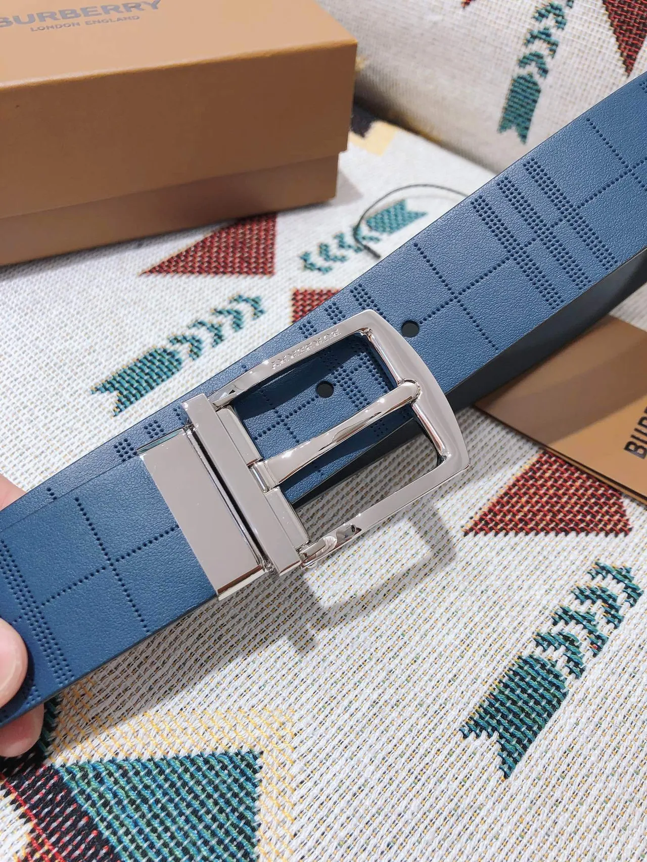 Burberry Knight Blue Embossed Check Leather Belt 7