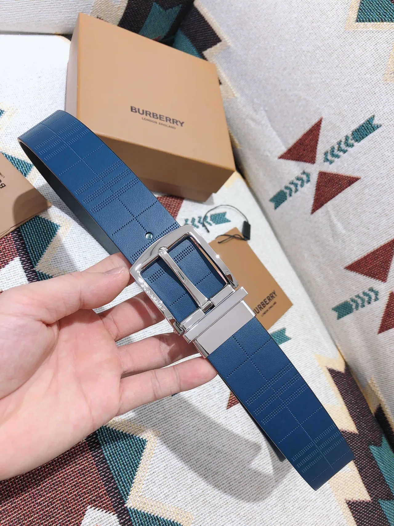 Burberry Knight Blue Embossed Check Leather Belt 8