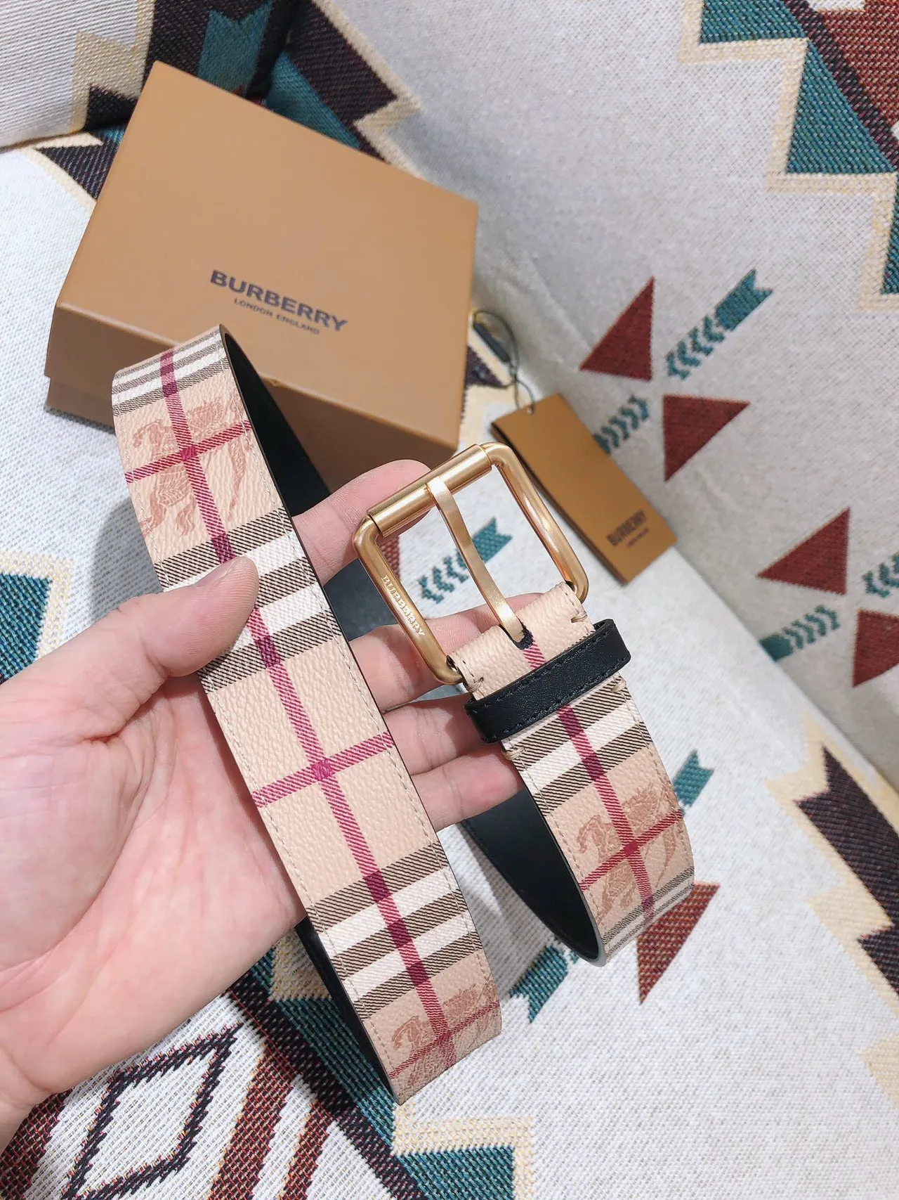 Burberry Knight Check Beige Red Black Green Leather Belt 2