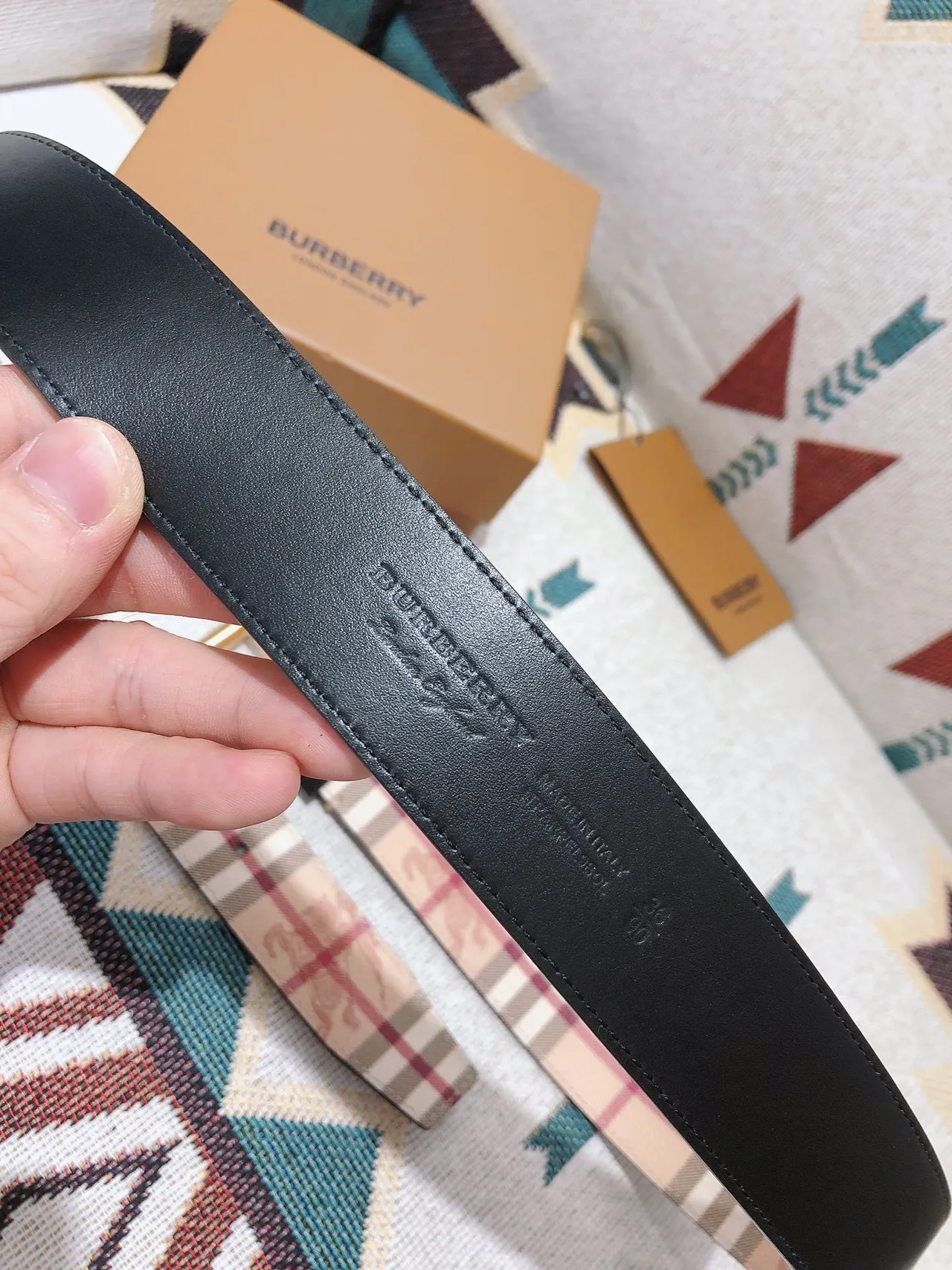 Burberry Knight Check Beige Red Black Green Leather Belt 3