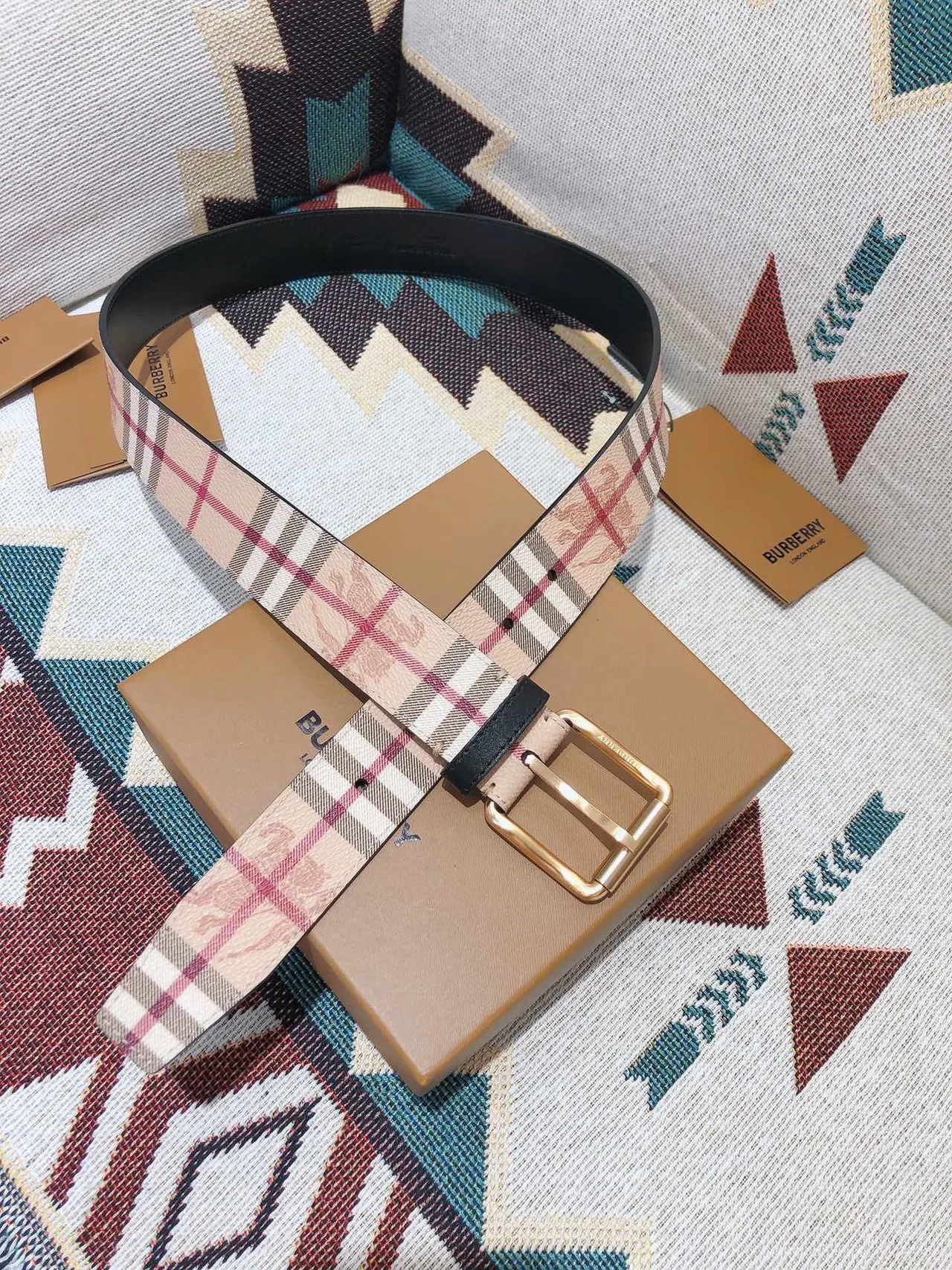 Burberry Knight Check Beige Red Black Green Leather Belt 4