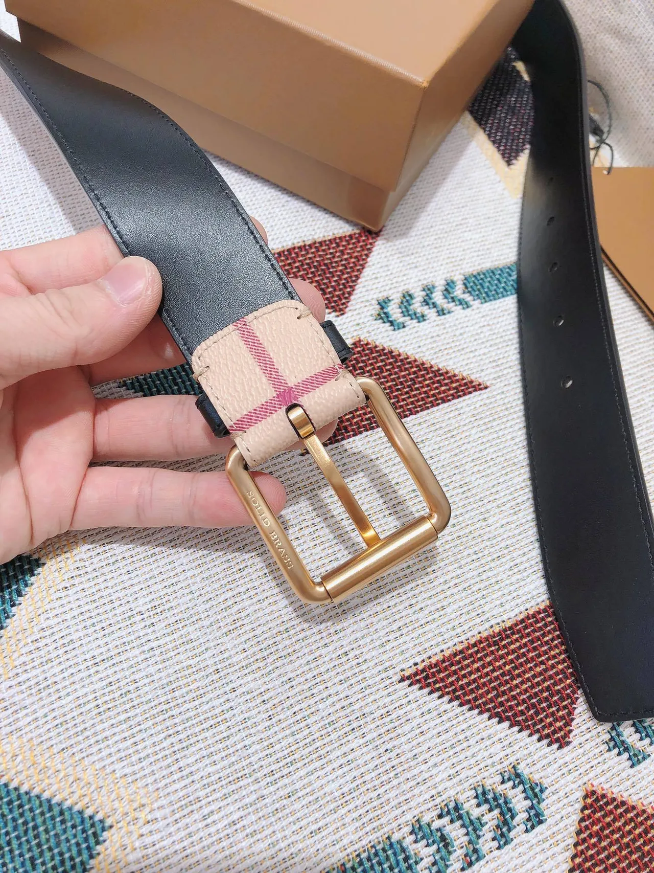 Burberry Knight Check Beige Red Black Green Leather Belt 5