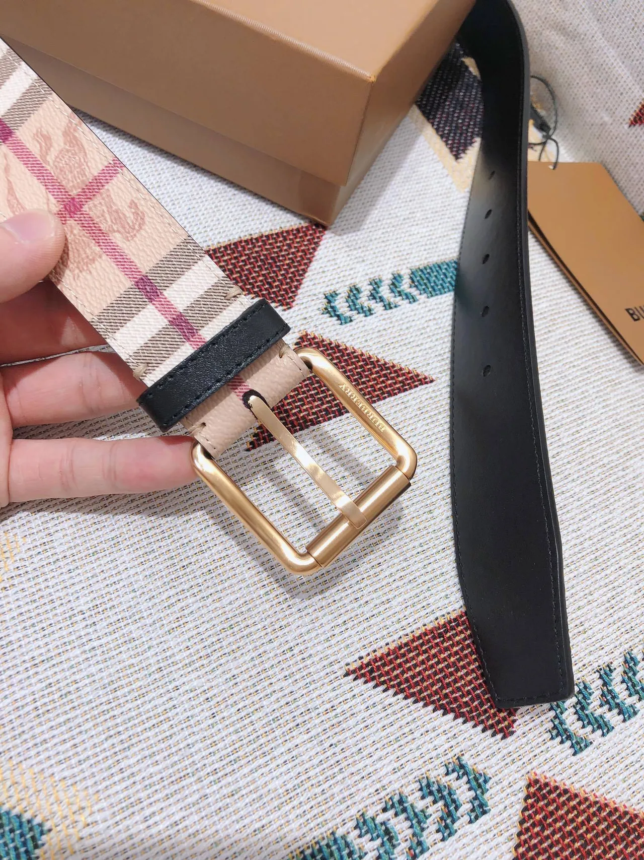 Burberry Knight Check Beige Red Black Green Leather Belt 6